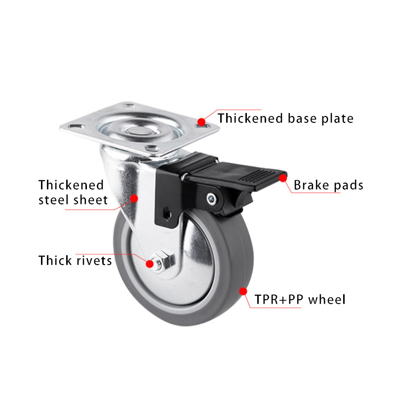 TPR Industrial Caster Wheels with Plate Brakes, Adjustable Stem, Directional & Swivel for Display Carts & Trolleys