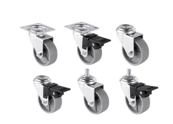 Versatile 1.5" Gray PP Swivel Wheels With M8 Brake & 2.5" Mini TPR Casters For Furniture & Storage Solutions