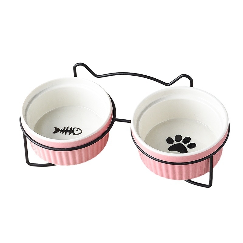 290/420/700g Double Cat Bowl with Iron Stand Slanted Ceramic Pet Dish Anti-Spill Neck Support Imprint Fish Bone/Cat's Paw