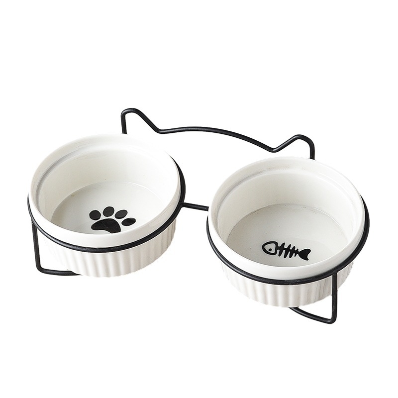 290/420/700g Double Cat Bowl with Iron Stand Slanted Ceramic Pet Dish Anti-Spill Neck Support Imprint Fish Bone/Cat's Paw