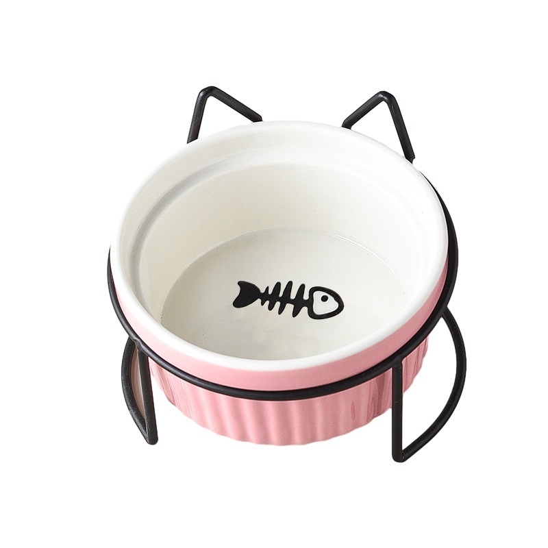 290/420/700g Double Cat Bowl with Iron Stand Slanted Ceramic Pet Dish Anti-Spill Neck Support Imprint Fish Bone/Cat's Paw