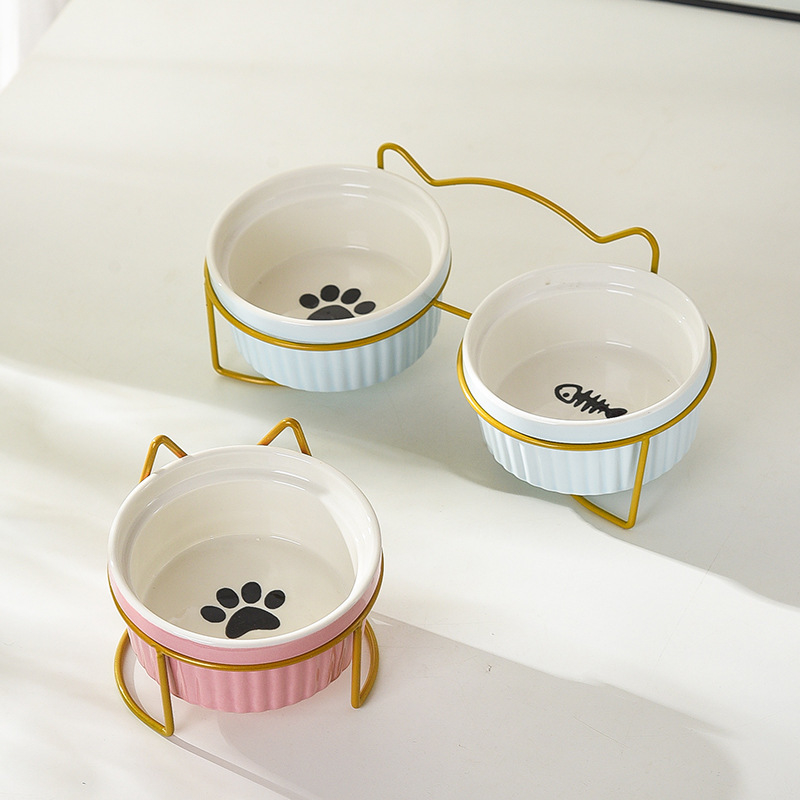290/420/700g Double Cat Bowl with Iron Stand Slanted Ceramic Pet Dish Anti-Spill Neck Support Imprint Fish Bone/Cat's Paw