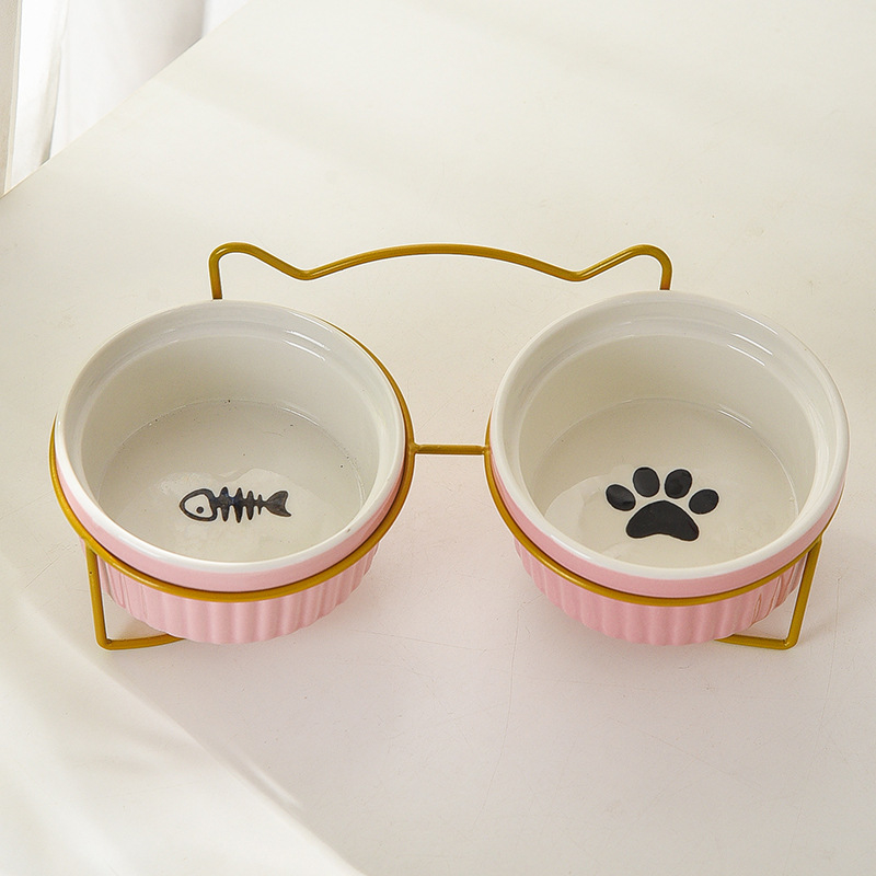 290/420/700g Double Cat Bowl with Iron Stand Slanted Ceramic Pet Dish Anti-Spill Neck Support Imprint Fish Bone/Cat's Paw